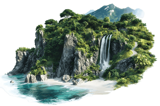 Lush Tropical Island Paradise with Waterfall and Secluded Beach png