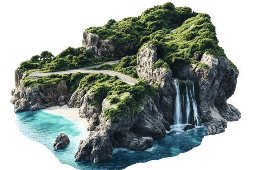Stunning Aerial View of Secluded Island Paradise with Waterfall and Coastal Road png