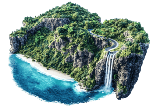 Serene Island Paradise Waterfall Cliffside Road Tropical Beach Ocean View png