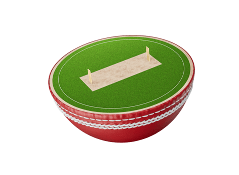 Red cricket ball with a miniature cricket field on top. 3D Illustration png