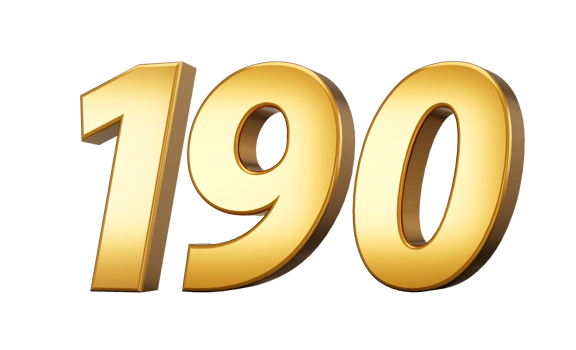 3d number 190 one hundred ninety Gold text with reflection 3d illustration png