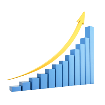 3D Render Blue Bar Graph Chart with Yellow Up Arrow Business Growth Success png
