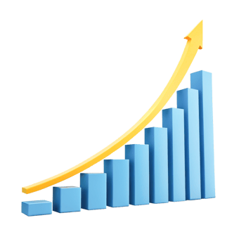 3D Blue Bar Graph Chart Showing Exponential Growth with Yellow Arrow png