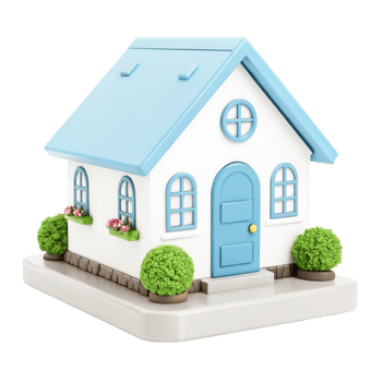 Adorable 3D Cartoon House Model Blue Roof, White Walls, Green Bushes png