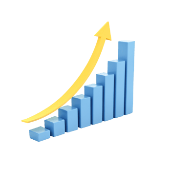 3D Render of Ascending Bar Graph with Yellow Arrow Business Growth Success Chart png