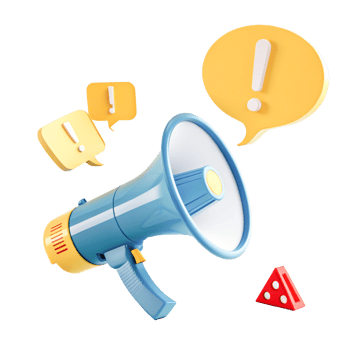 3D Cartoon Megaphone Announcement with Exclamation Mark Speech Bubbles png
