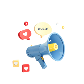 3D Cartoon Megaphone Alert with Social Media Icons, Love Hearts, and Notification Bubbles png