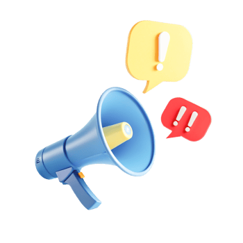 3D Cartoon Megaphone with Exclamation Mark Speech Bubbles - png