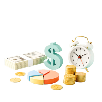 3D Render of Time is Money Concept Dollar Sign, Clock, Pie Chart, Cash Coins png