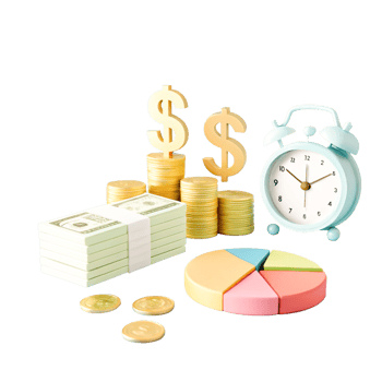 3D Cartoon Finance Time Management Dollar Signs, Coins, Cash, Pie Chart Clock png