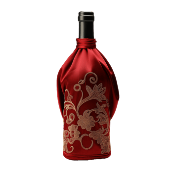 Elegant Red Wine Bottle with Gold Embroidered Satin Gift Bag png