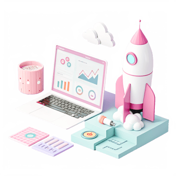 3D Render Startup Business Launch Rocket Laptop Pastel Colors png