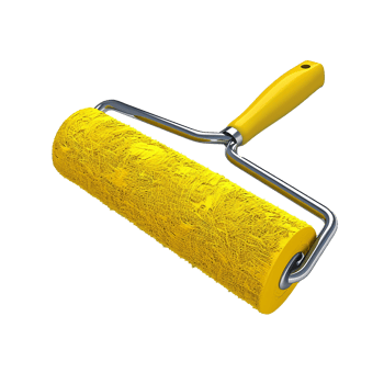 A 3D rendering of a yellow paint roller with a metallic frame and yellow handle png