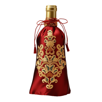 Red Wine Bottle with Gold Embroidered Satin Bag png