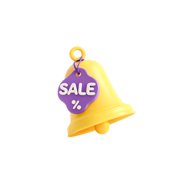 3D Render of Yellow Bell with Purple Sale Tag and Percentage Sign for Marketing png