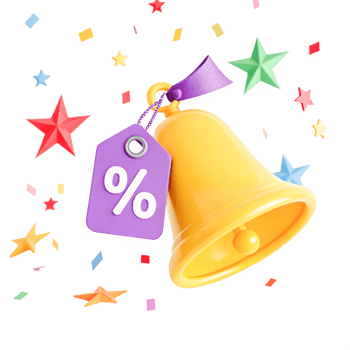 3D Render of Yellow Bell with Purple Discount Tag and Confetti for Sale Promotion png
