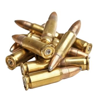 Closeup view of a pile of brass rifle cartridges ammunition bullets showing detail of casings and projectiles png