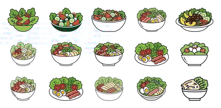 Salad icons collection. Specially prepared vectors for mixed, chef, Greek, garden and fruit salads.