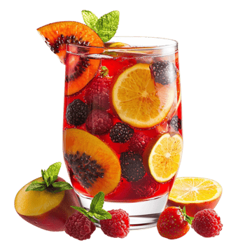 Refreshing fruit sangria infused oranges grapes, garnished citrus slices, offers a flavorful invigorating summer beverage. png