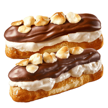Delicious chocolate eclair filled rich cream topped a white drizzle offers a decadent delightful treat. png