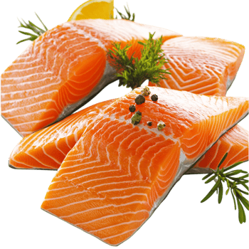 Fresh salmon fillets beautifully garnished aromatic herbs, carefully placed on a sleek white plate. png