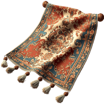 Beautiful flying magic carpet embellished intricate red golden embroidery creates an enchanting fantasy scene elegant details. png