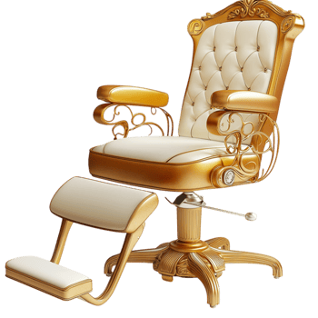 Comfortable white leather chair a sleek golden frame a plush footrest, combining modern luxury ergonomic design. png