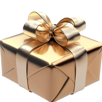 Stylish goldwrapped gift box featuring a shiny black ribbon bow, radiating luxury elegance for special occasions. png