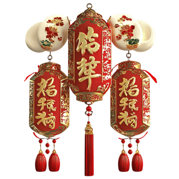 Traditional Chinese red lantern decorations adorned golden tassels intricate patterns, illuminating festive celebrations. png