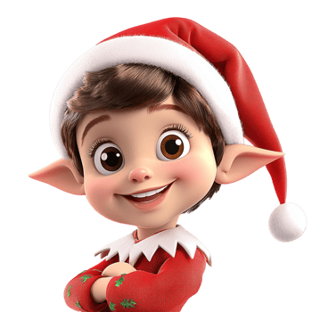 Adorable Christmas elf wearing a cheerful red hat displaying big sparkling eyes filled holiday spirit. png