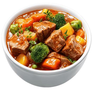 Richly spiced chicken curry served alongside tender potatoes in a glossy white bowl for a hearty meal. png