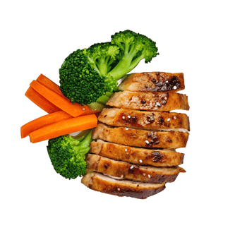 Delicious Sliced Teriyaki Chicken Breast with Steamed Broccoli and Carrots png