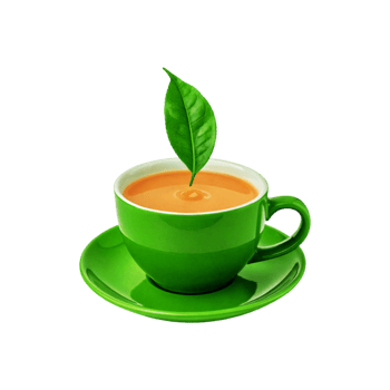 Green cup and plate of milk tea with tea leaf isolated on transparent background png