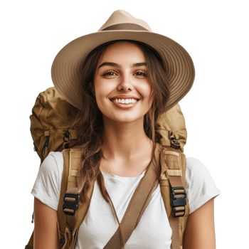 Young Woman Backpack Tourist Adventure on transparent background. png
