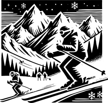 Skiers On A Mountain Ski Slope, Black And White Ski Silhouette vector