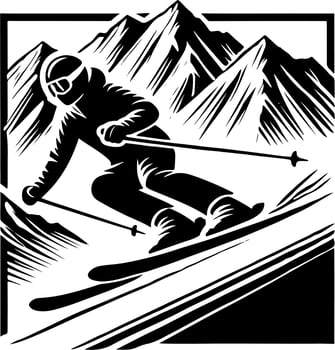 Skier Going Down A Mountain Ski Slope, Black And White Ski Silhouette vector