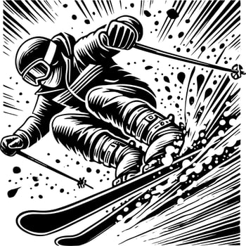 Skier Splashing Fresh Powder On A Mountain Ski Slope, Black And White Ski Silhouette vector