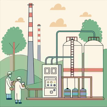 an illustration of a factory with people working vector