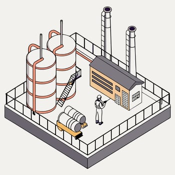 an illustration of a factory with a man standing next to a tank vector