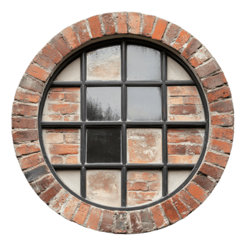 Vintage Round Brick Window Design on transparent background. png