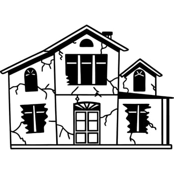 haunted, abandoned house illustration with cracked walls and broken windows spooky, eerie atmosphere in black and white design vector