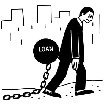 Burdened businessman chained to debt ball marked 'loan' in cityscape financial stress, economic hardship illustration vector