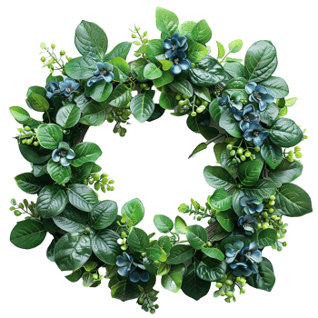 Artificial Wreath with Lush Green Leaves and Teal Blue Flowers, Elegant Spring or Summer Decor png