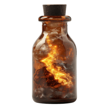 Glass bottle with swirling fire and smoke, mystical liquid, fantasy concept, isolated on white background png
