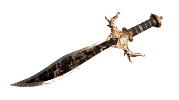 Ornately Designed Sword with Intricate Gold and Black Patterns, Perfect for Fantasy Themes and Historical Representation png