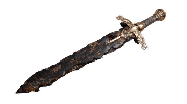 Elaborate sword with intricate design and unique blade texture set against a plain background, suitable for fantasy themes png