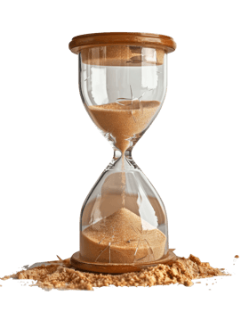 Broken glass hourglass with sand spilling out on a white background illustrating the passage of time and urgency png