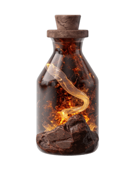 Enchanted Potion Bottle with Fiery Smoke and Rock, Magical Elixir Concept, Glass Container with Mystic Elements png