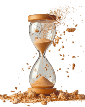 Elegant hourglass with flowing sand, wooden base, and scattered grains, symbolizing time and life's fleeting moments png
