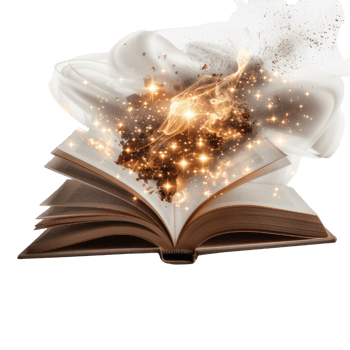 Magical open book with glowing light particles and sparkles against a dark background for creative purposes png
